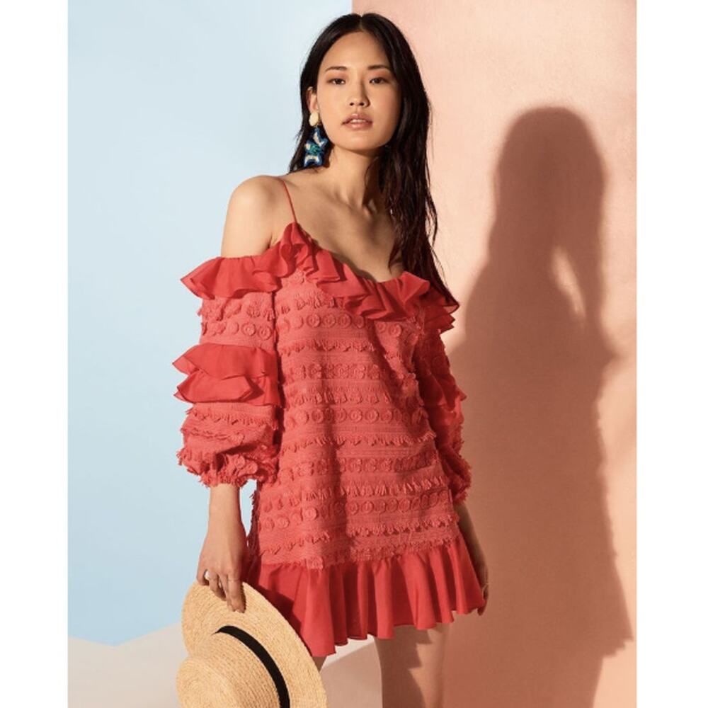 Alexis Calypso Ruffled Off Shoulder Rouge Coral Pink Embroidered Mini Dress XS